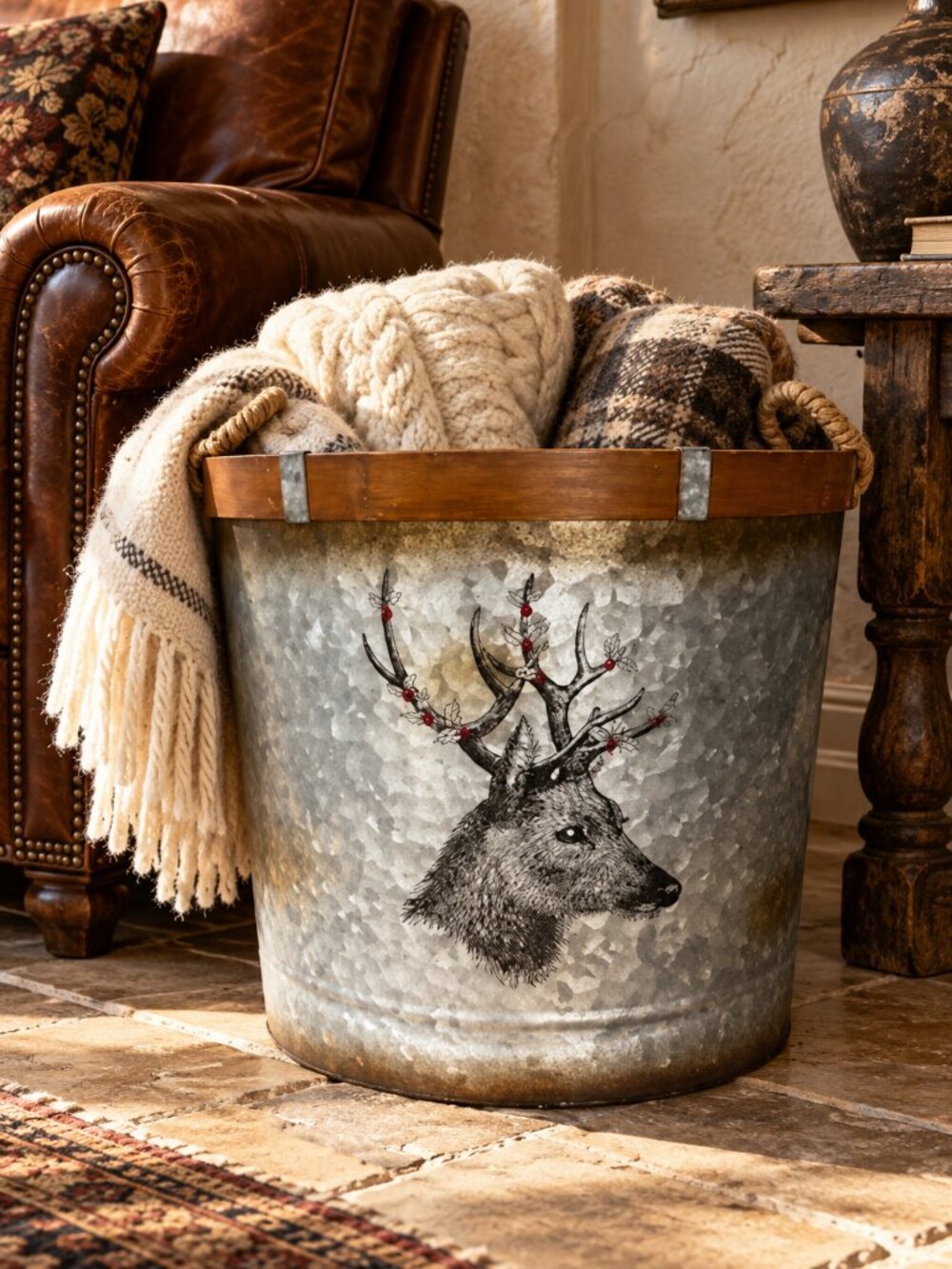 Large Galvanized Metal Deer Bucket with Wood Rim & Rope Handles Umbrella Holder